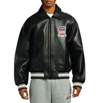Men's Black Lambskin Leather Varsity Bomber Jacket with USA Logo Appliqué