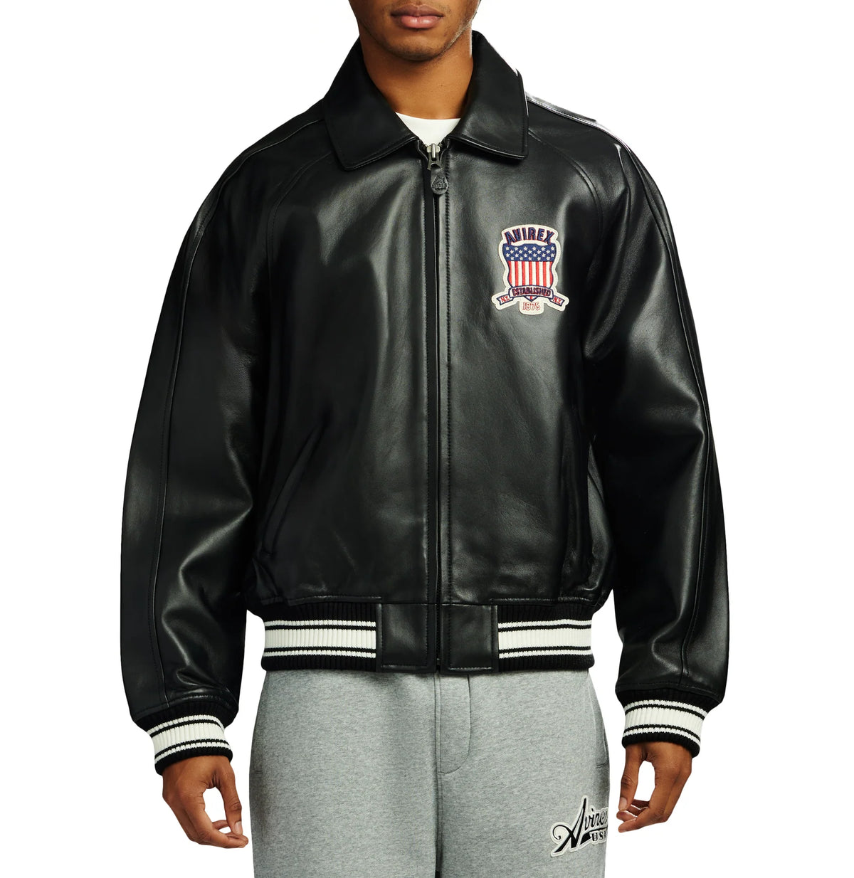Men's Black Lambskin Leather Varsity Bomber Jacket with USA Logo Appliqué