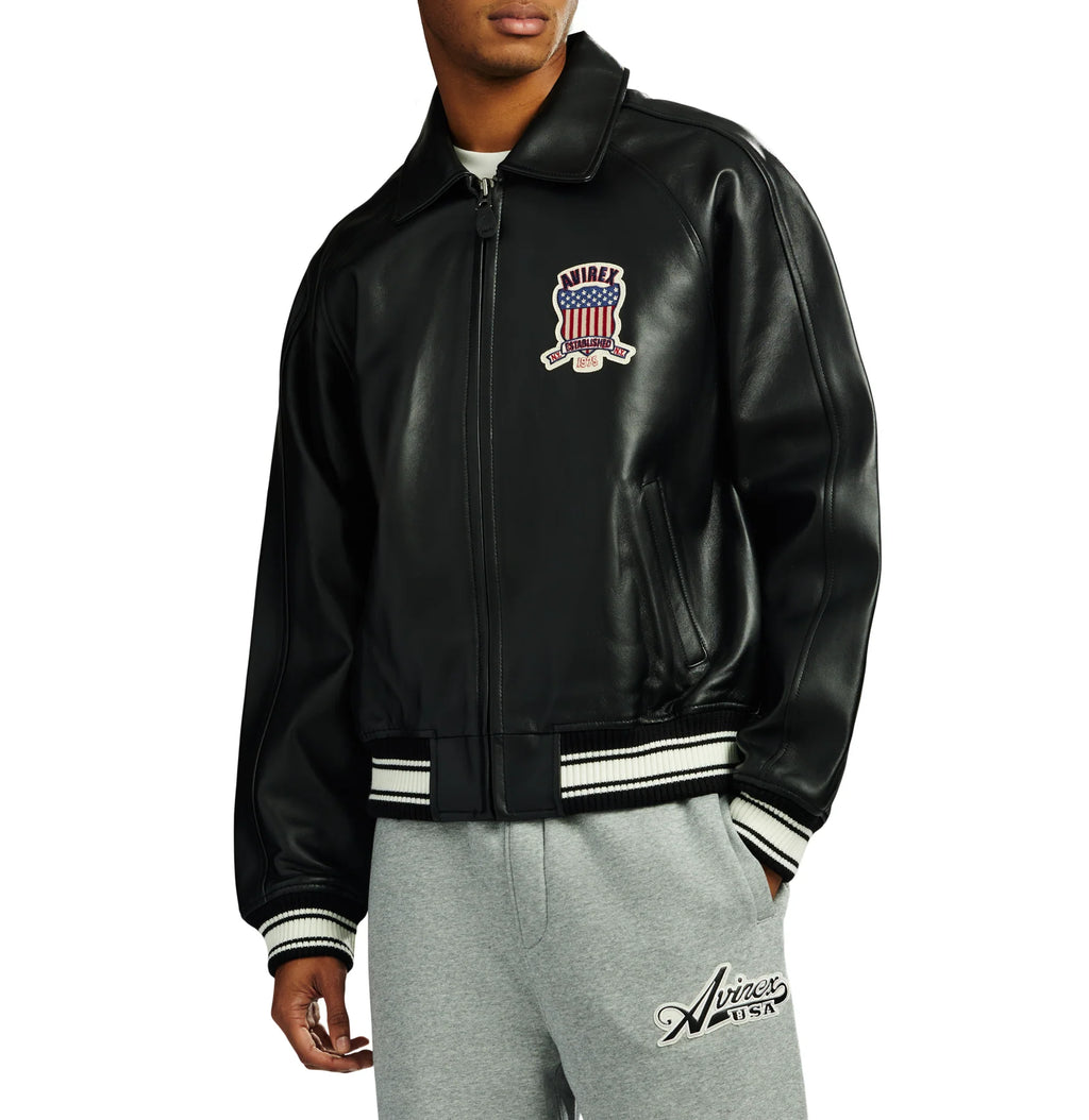 Men's Black Lambskin Leather Varsity Bomber Jacket with USA Logo Appliqué
