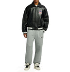 Men's Black Lambskin Leather Varsity Bomber Jacket with USA Logo Appliqué