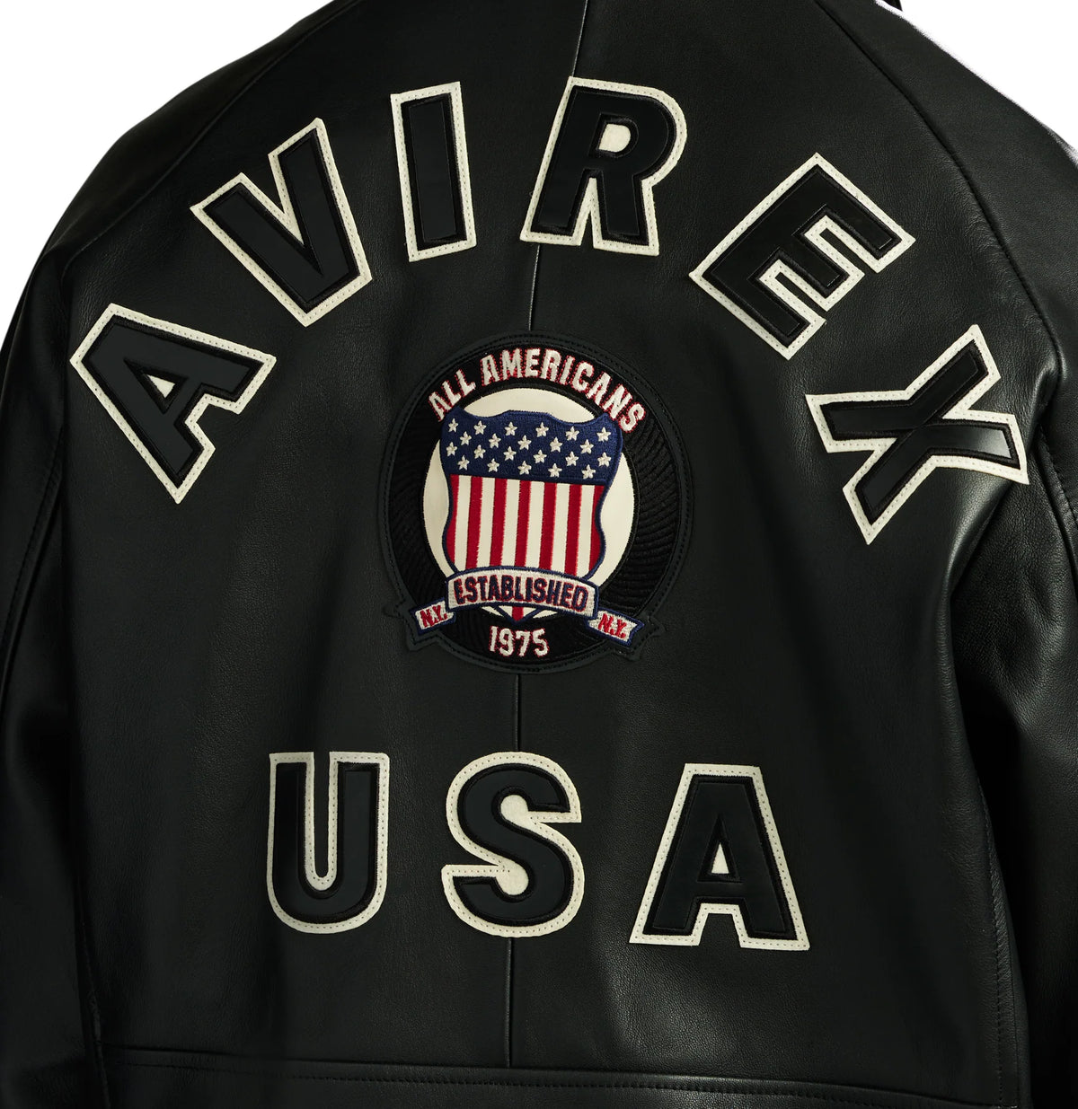 Men's Black Lambskin Leather Varsity Bomber Jacket with USA Logo Appliqué