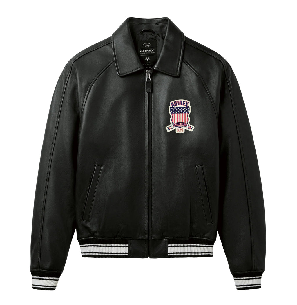 Men's Black Lambskin Leather Varsity Bomber Jacket with USA Logo Appliqué