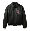Men's Black Lambskin Leather Varsity Bomber Jacket with USA Logo Appliqué