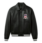 Men's Black Lambskin Leather Varsity Bomber Jacket with USA Logo Appliqué