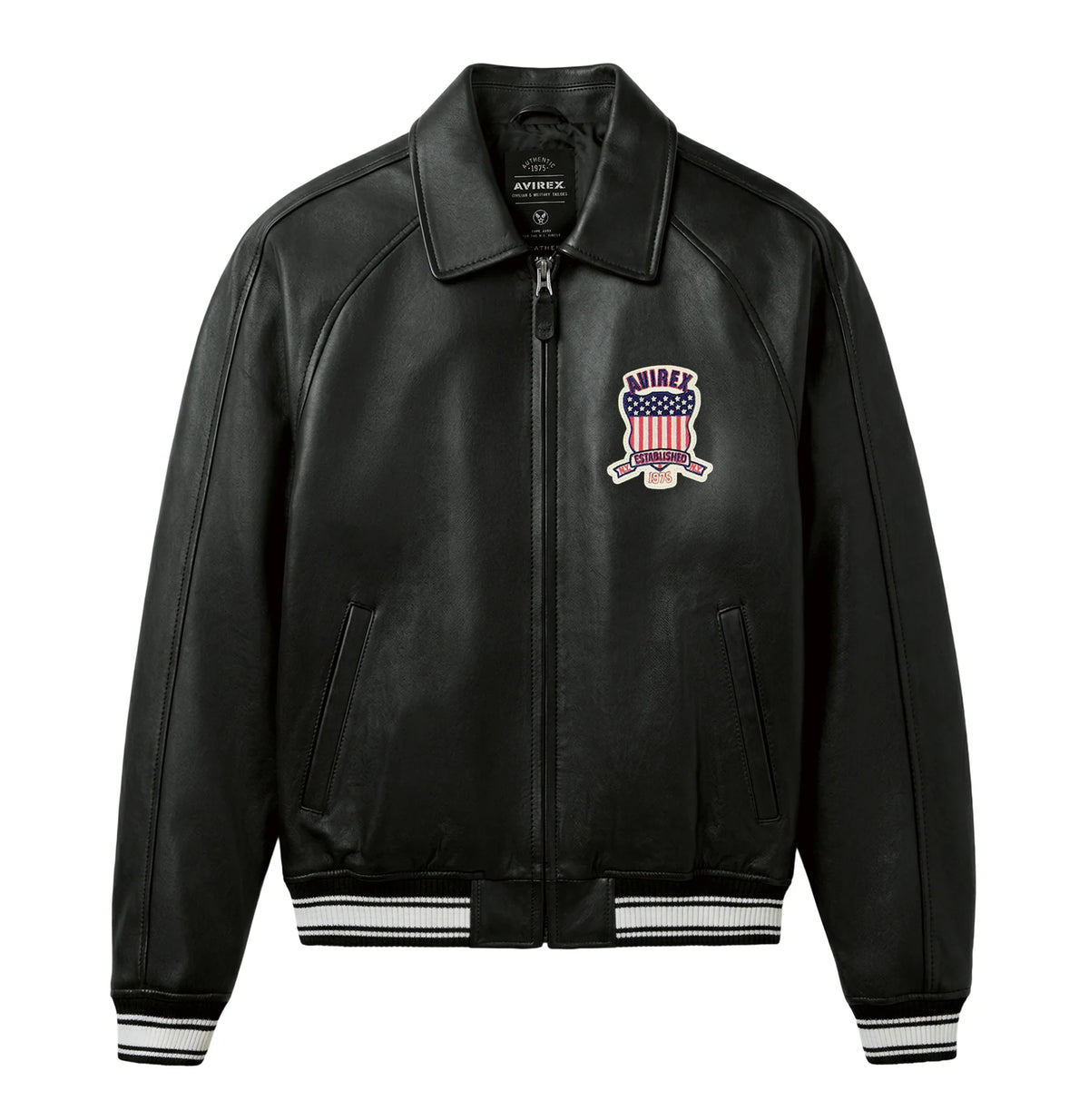 Men's Black Lambskin Leather Varsity Bomber Jacket with USA Logo Appliqué