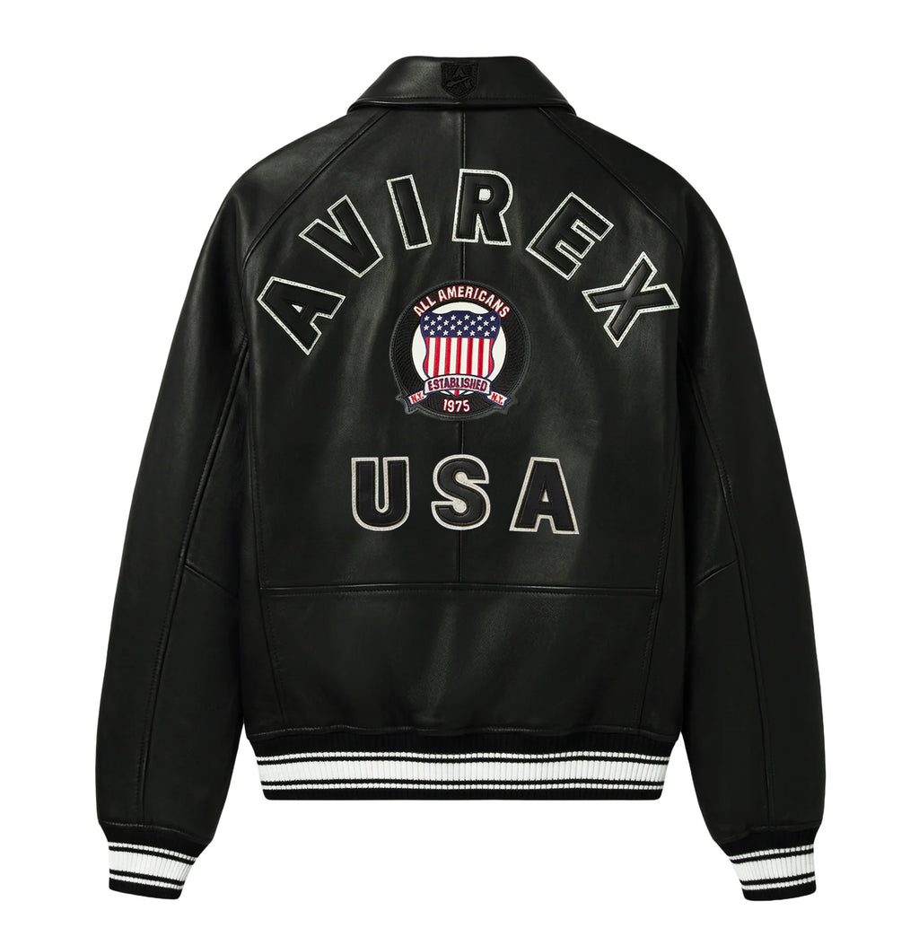 Men's Black Lambskin Leather Varsity Bomber Jacket with USA Logo Appliqué