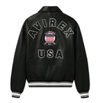 Men's Black Lambskin Leather Varsity Bomber Jacket with USA Logo Appliqué