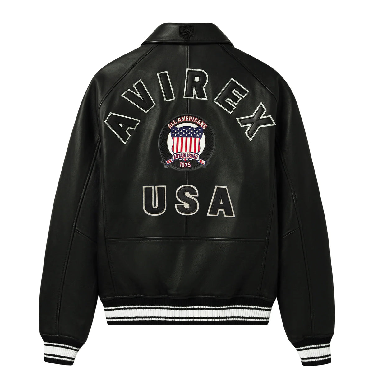 Men's Black Lambskin Leather Varsity Bomber Jacket with USA Logo Appliqué