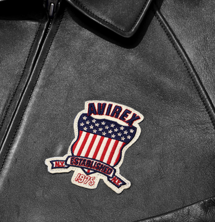 Men's Black Lambskin Leather Varsity Bomber Jacket with USA Logo Appliqué