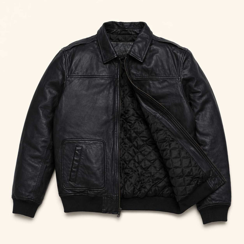 Men's Leather Quilted Shirt Collar Bomber Jacket