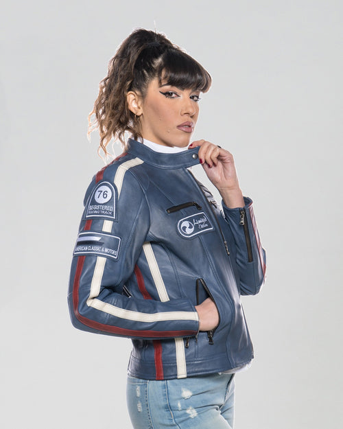 Blue Women's Buffed Genuine Leather Biker Jacket