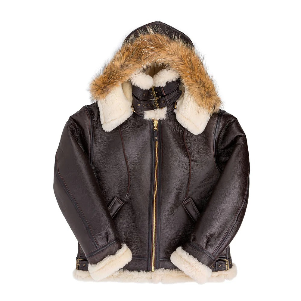 Men's B-3 Hooded Shearling Sheepskin Leather Jacket