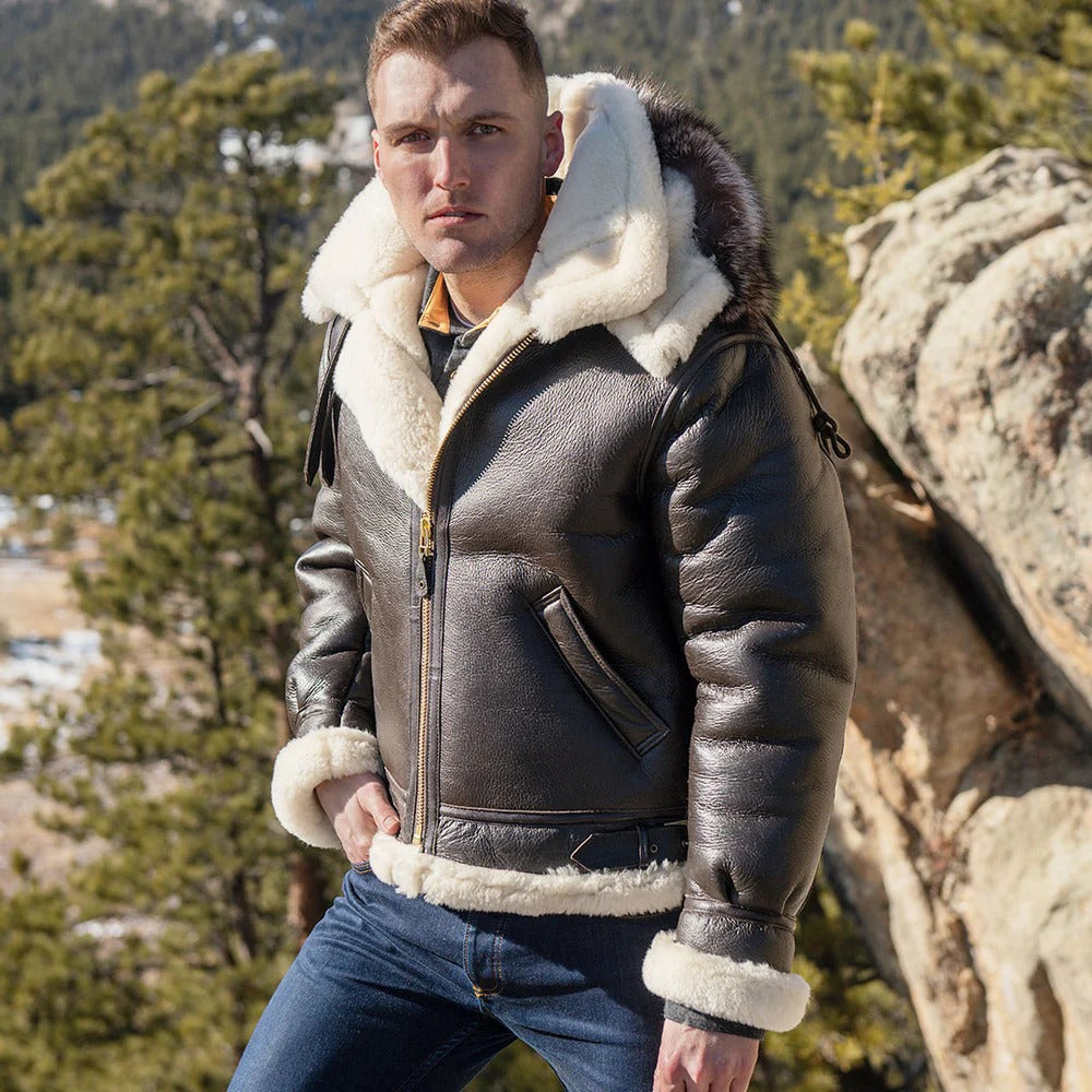 Men's B-3 Hooded Shearling Sheepskin Leather Jacket