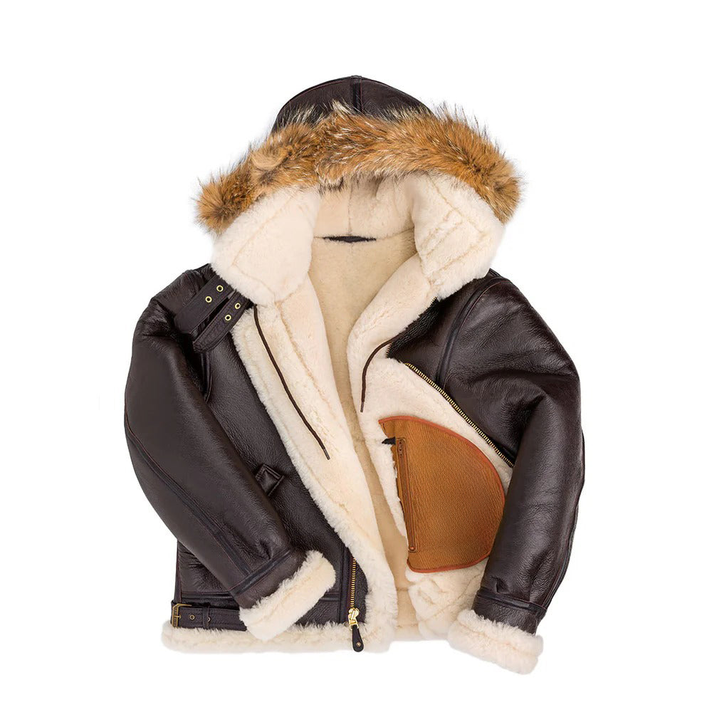 Men's B-3 Hooded Shearling Sheepskin Leather Jacket