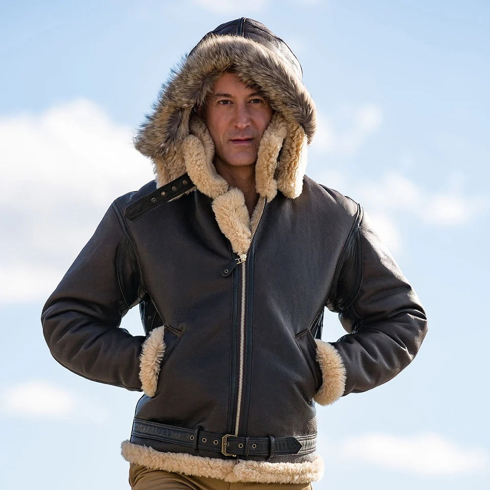 RAF Hooded Men's Shearling Leather Jacket