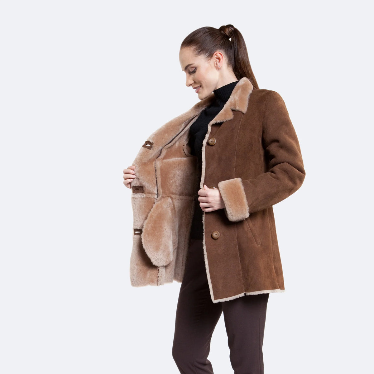 Dark Brown Women's Shearling Leather Winter Coat