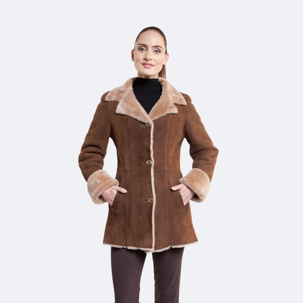 Dark Brown Women's Shearling Leather Winter Coat