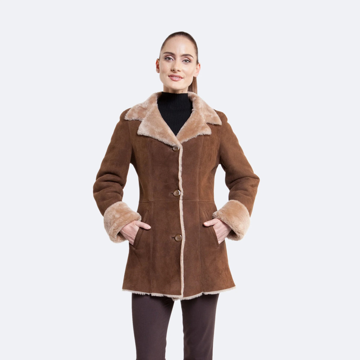 Dark Brown Women's Shearling Leather Winter Coat