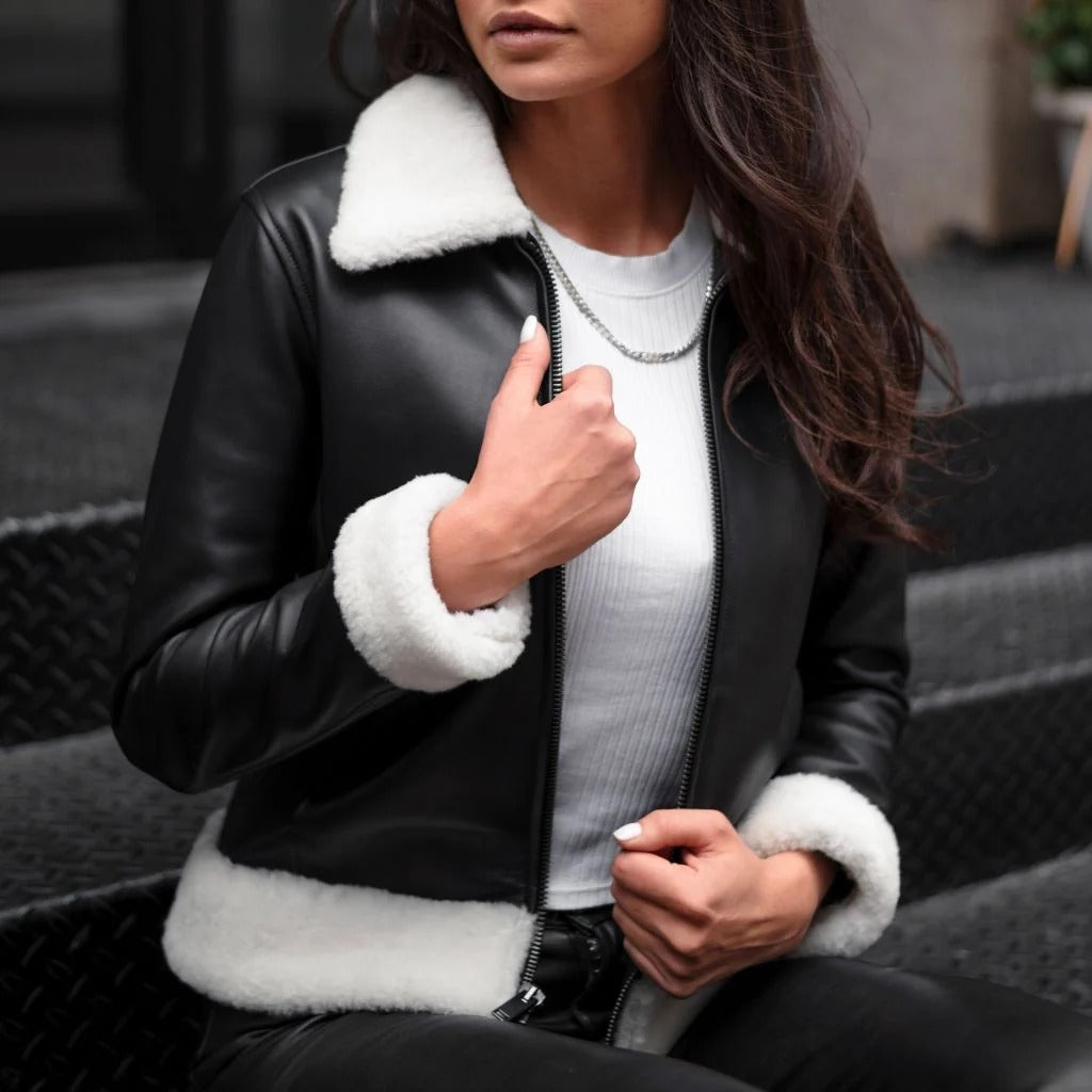 Handmade Women's Black Sheepskin Leather Shearling Jacket