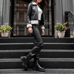 Handmade Women's Black Sheepskin Leather Shearling Jacket