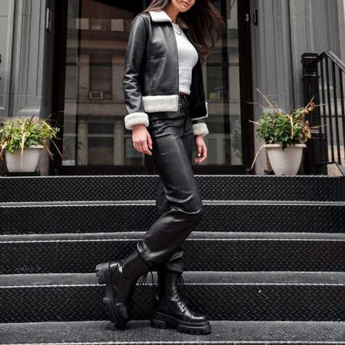 Handmade Women's Black Sheepskin Leather Shearling Jacket