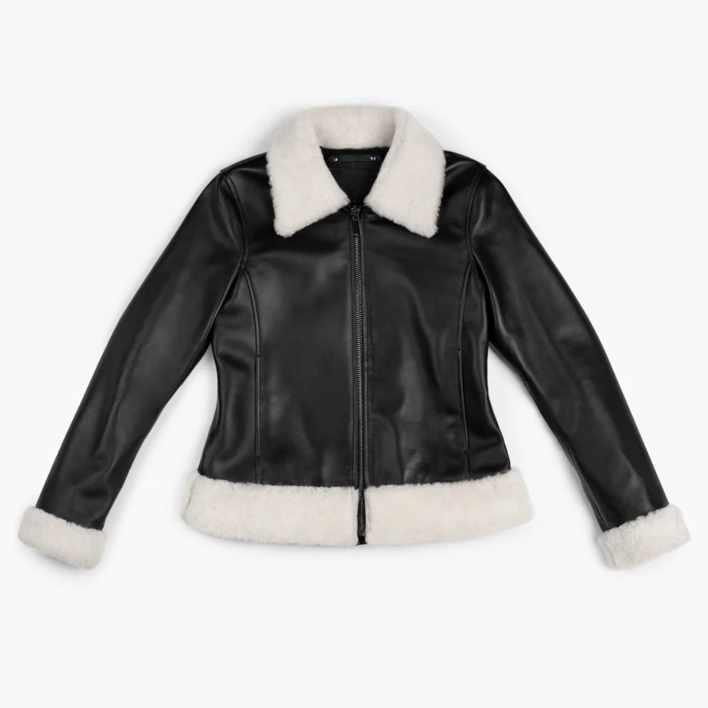 Handmade Women's Black Sheepskin Leather Shearling Jacket