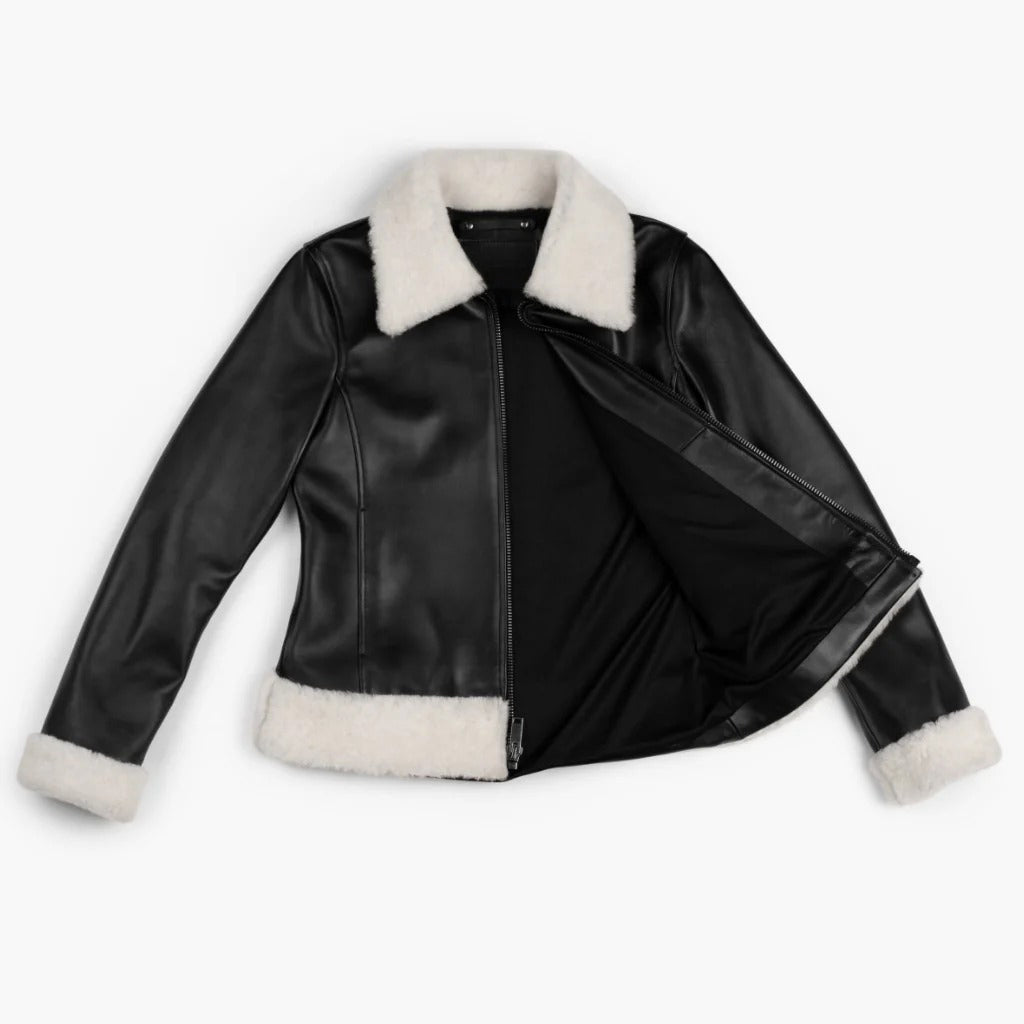Handmade Women's Black Sheepskin Leather Shearling Jacket