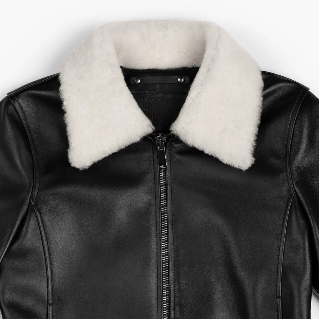 Handmade Women's Black Sheepskin Leather Shearling Jacket