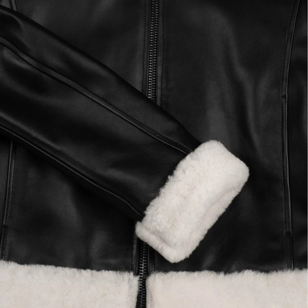 Handmade Women's Black Sheepskin Leather Shearling Jacket