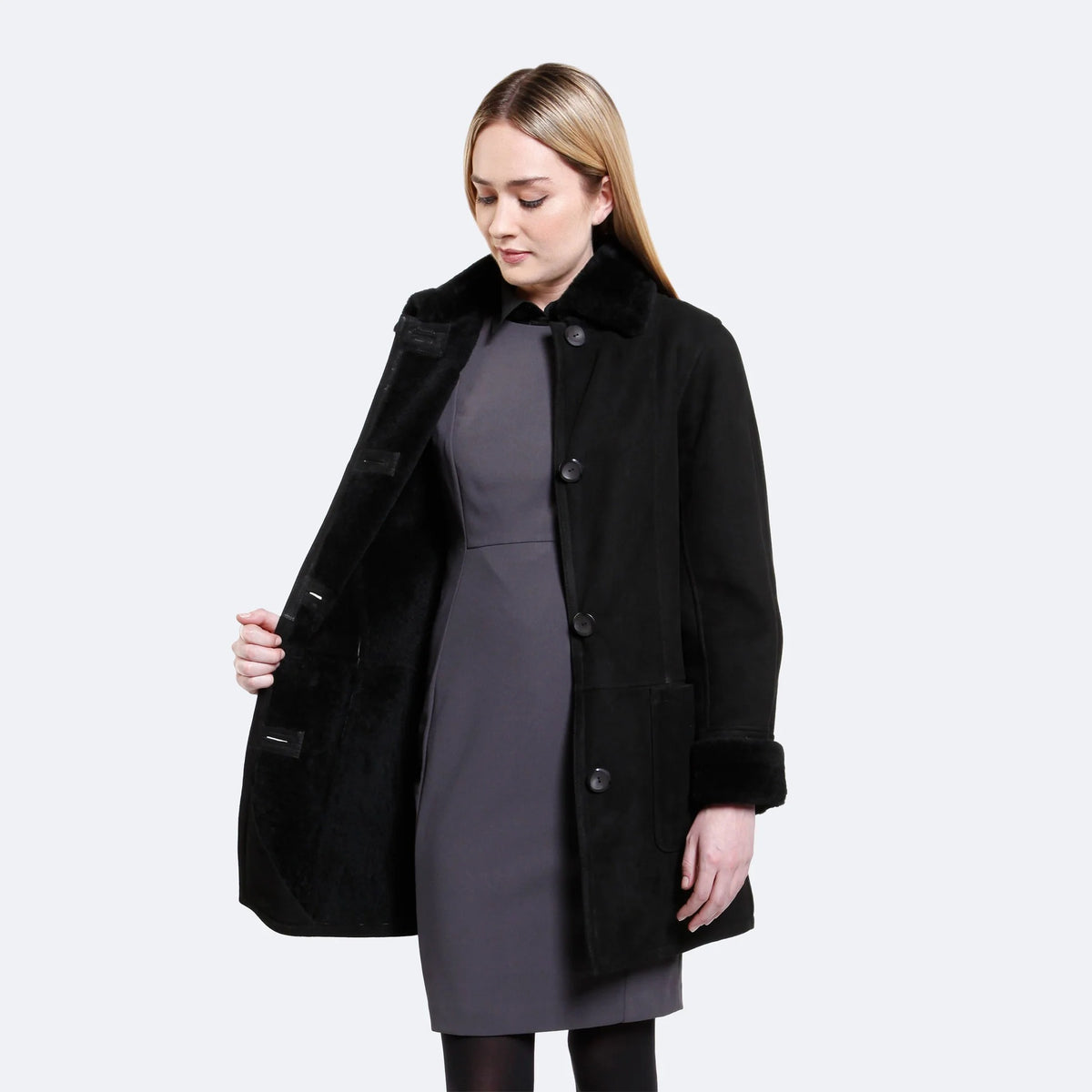 Handmade Women's Black Shearling Leather Coat – Soft Sheepskin Winter Coat