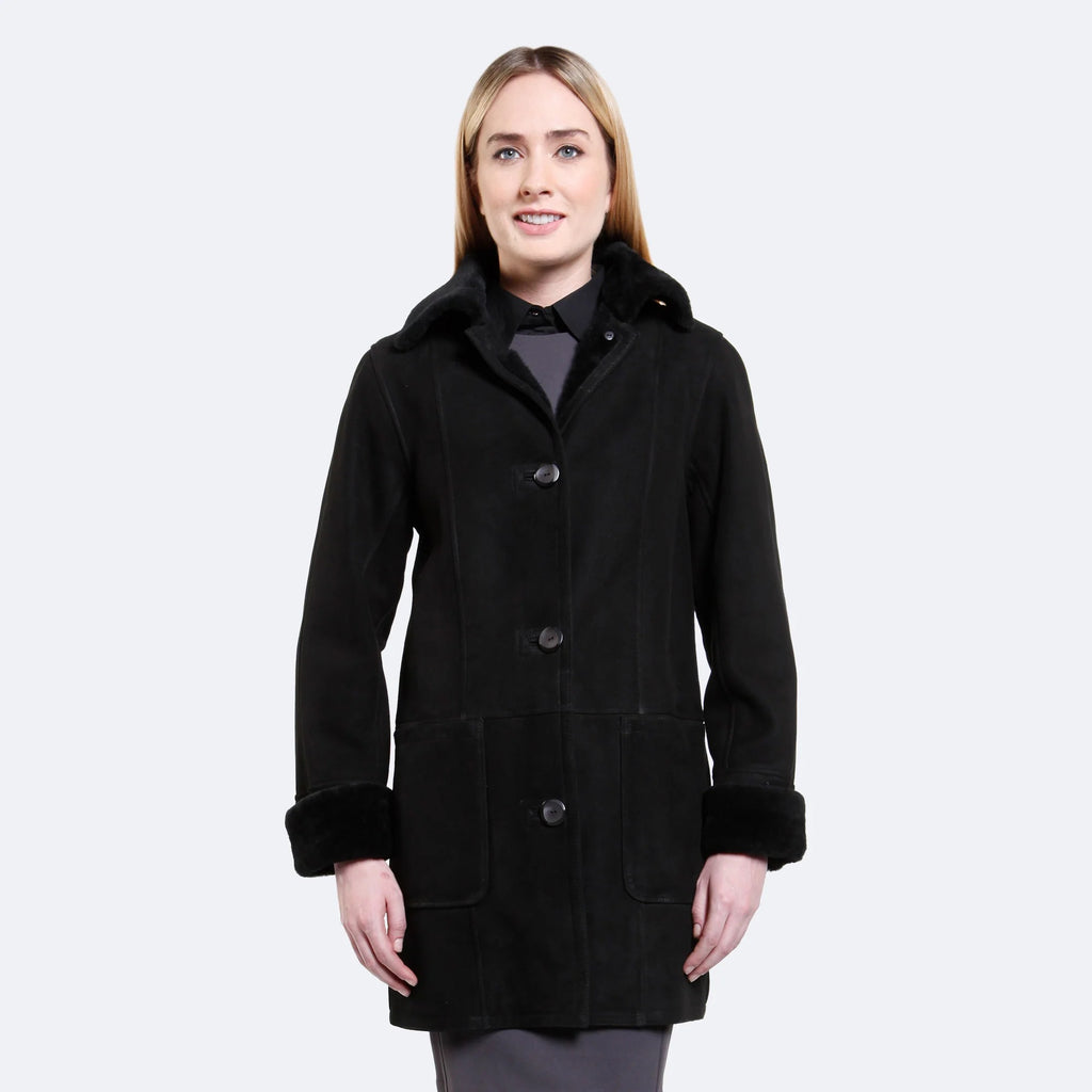 Handmade Women's Black Shearling Leather Coat – Soft Sheepskin Winter Coat