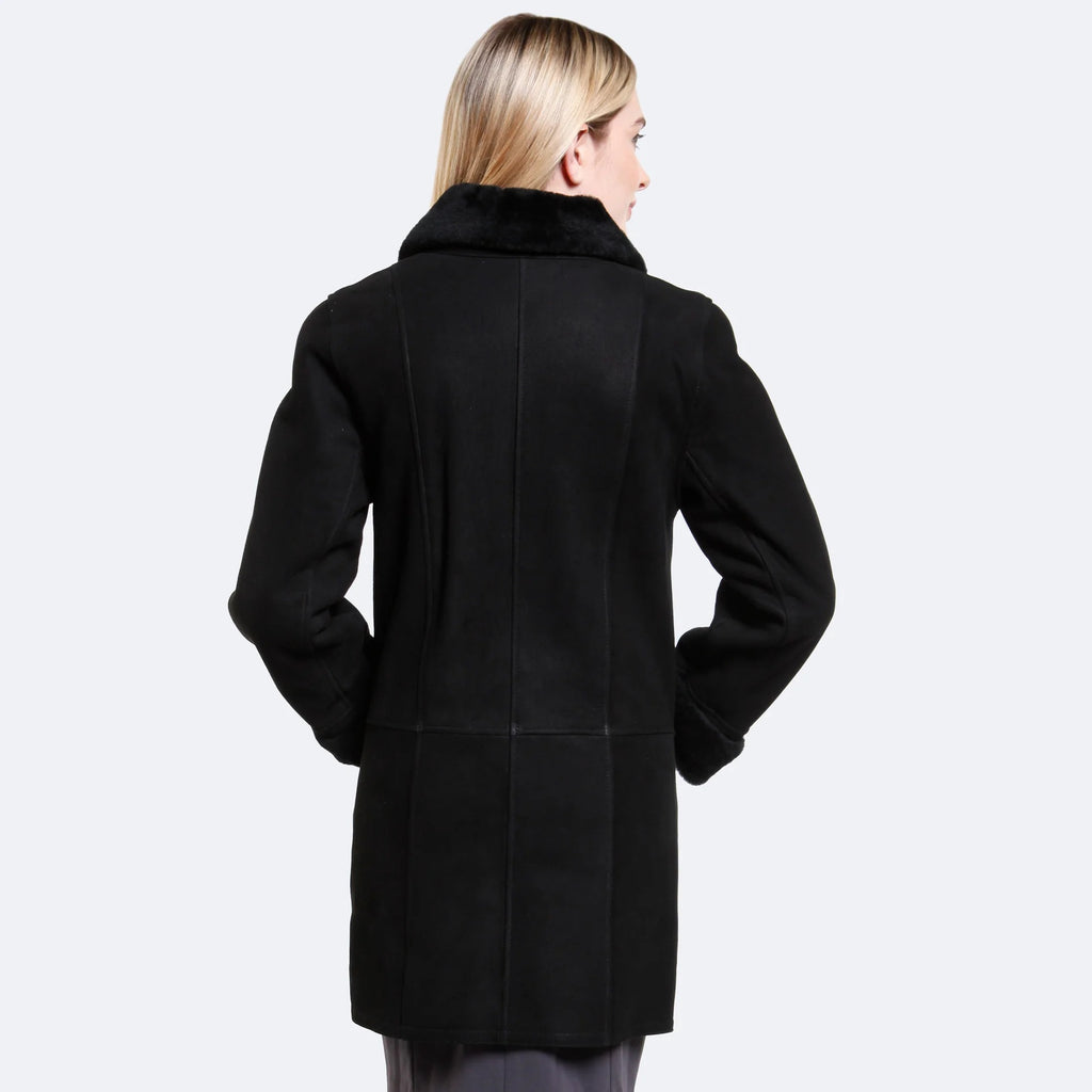 Handmade Women's Black Shearling Leather Coat – Soft Sheepskin Winter Coat