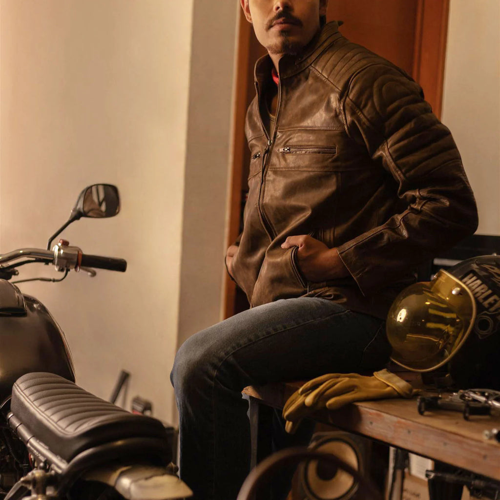 Men's Dark Brown Cafe Racer Leather Biker Jacket