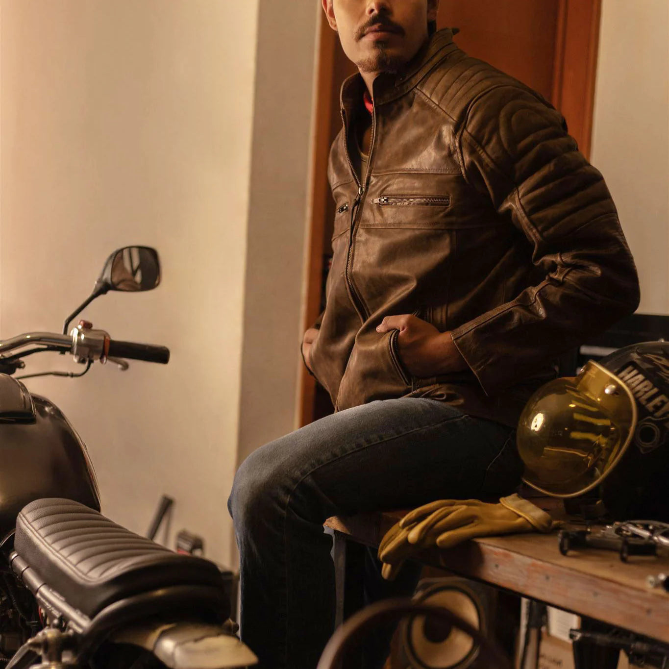 Men's Dark Brown Cafe Racer Leather Biker Jacket