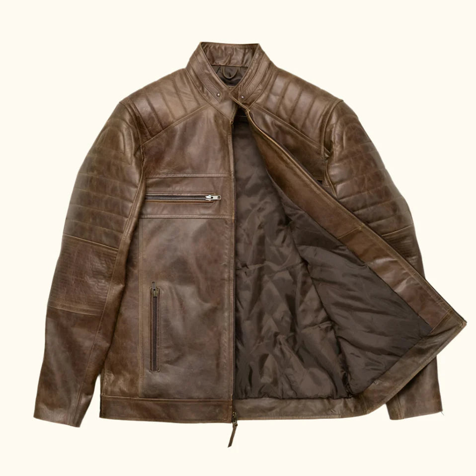 Men's Dark Brown Cafe Racer Leather Biker Jacket