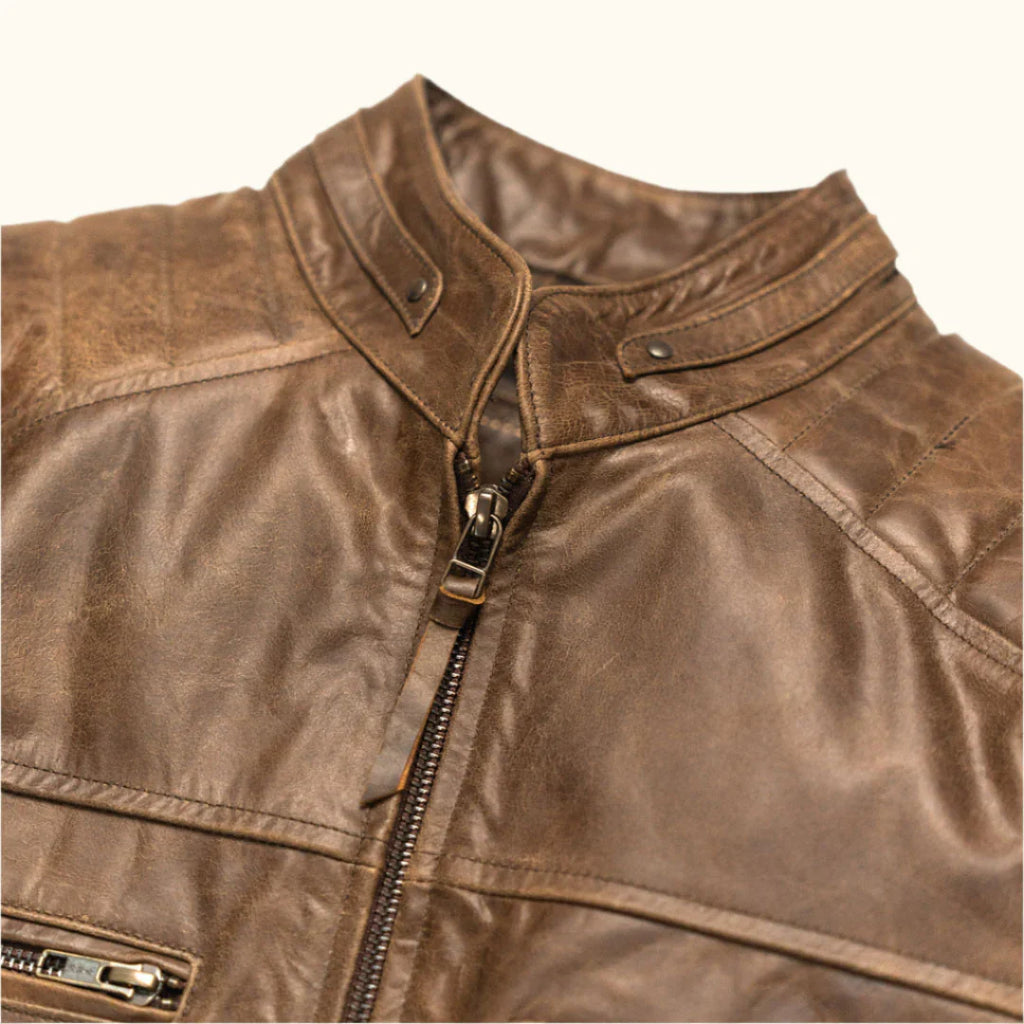 Men's Dark Brown Cafe Racer Leather Biker Jacket