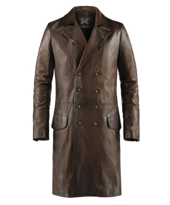 Men's Antique Leather Long Trench Coat