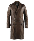 Men's Antique Leather Long Trench Coat
