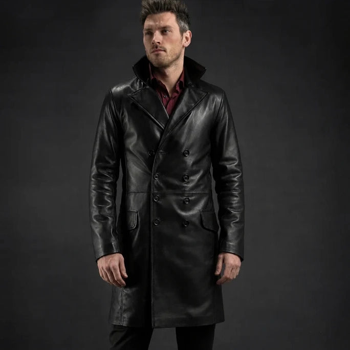 Men's Antique Leather Long Trench Coat