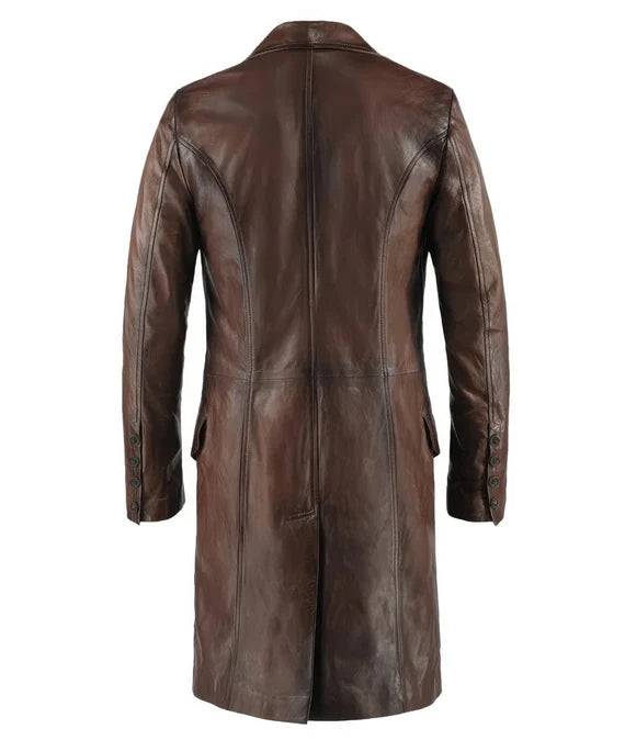 Men's Antique Leather Long Trench Coat