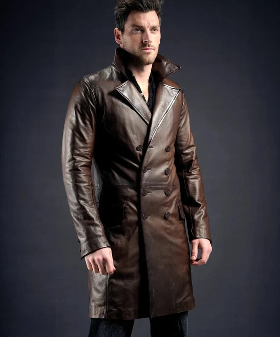 Men's Antique Leather Long Trench Coat