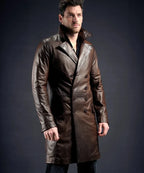 Men's Antique Leather Long Trench Coat