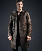 Men's Antique Leather Long Trench Coat