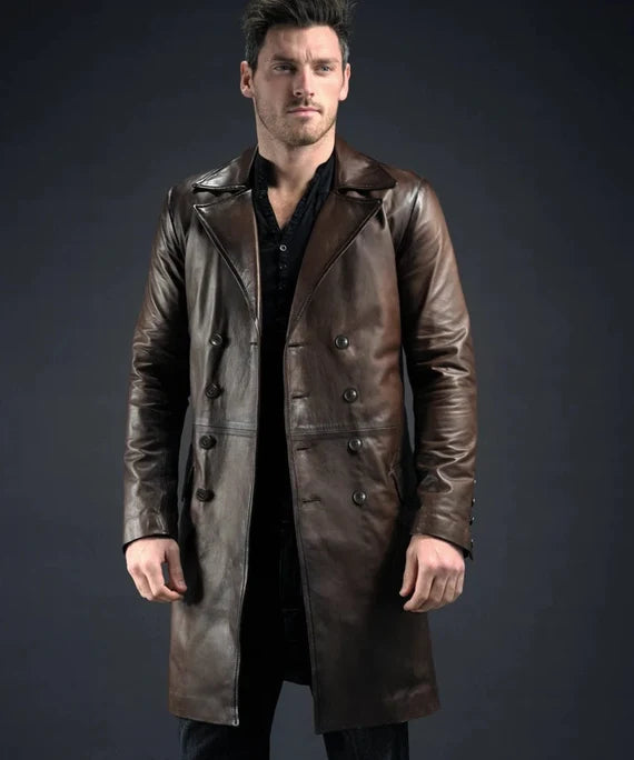 Men's Antique Leather Long Trench Coat