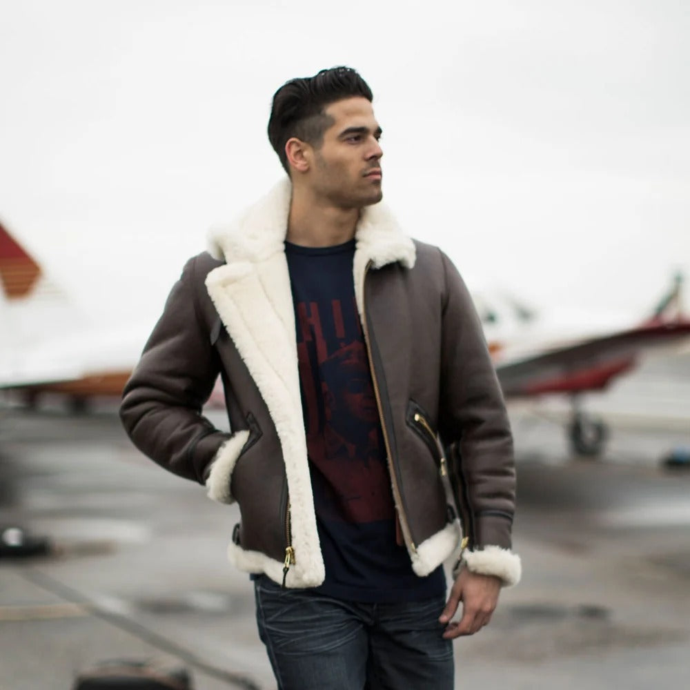 Men's B-9 Sheepskin Leather Jacket – Genuine Sheepskin Faux Fur Lined Bomber Coat