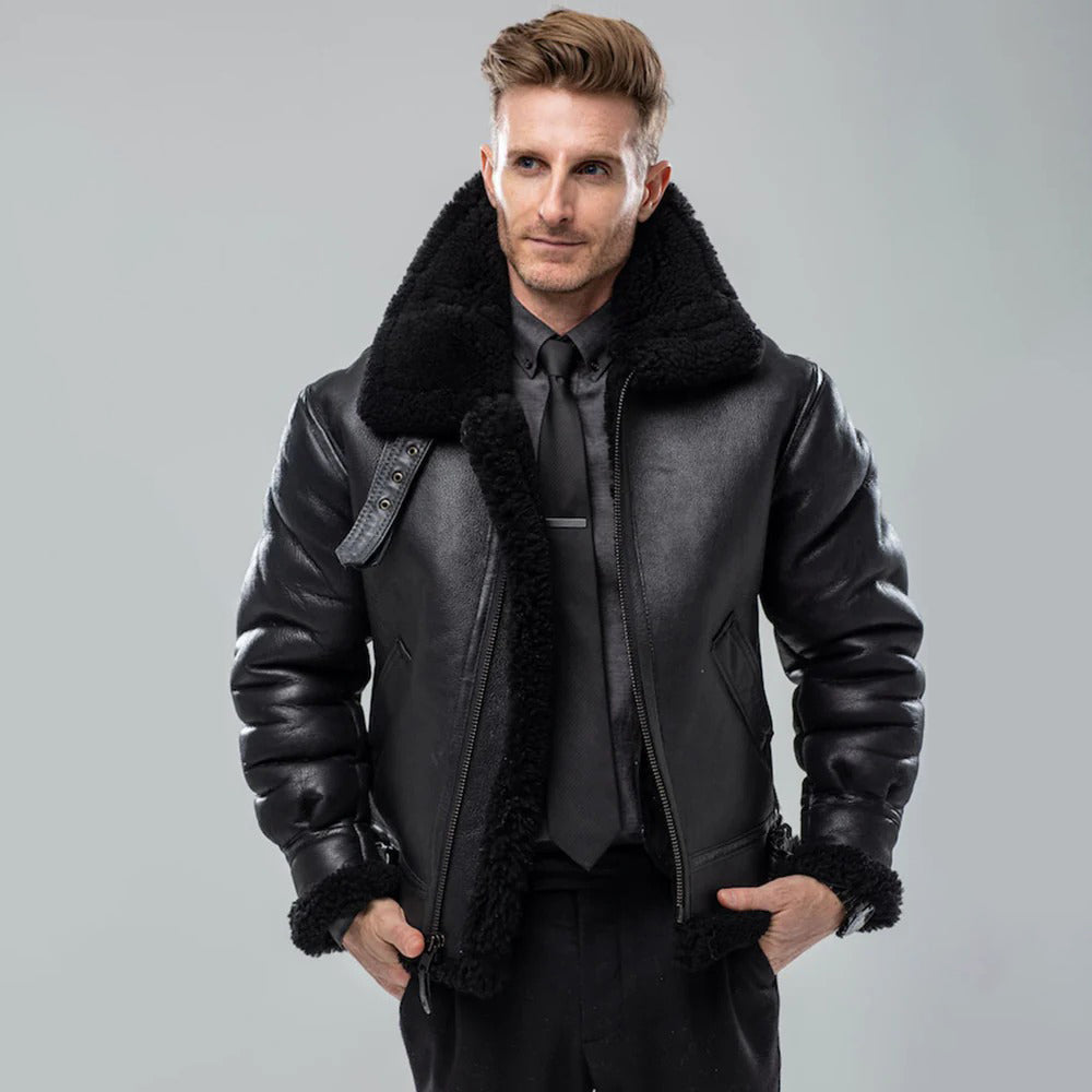 Men's B3 Black Shearling Leather Bomber Jacket