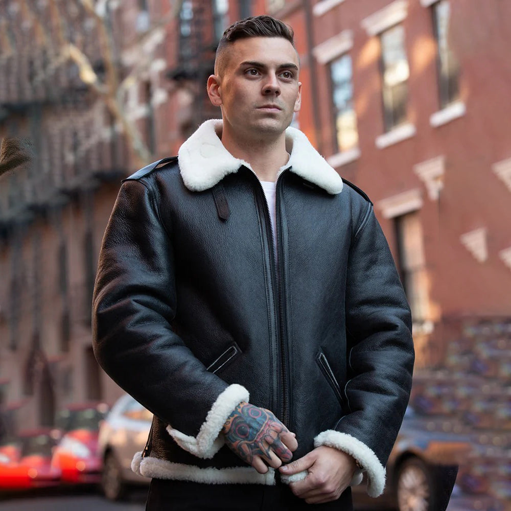 Men's B6 Black Bomber Jacket – Genuine Sheepskin Leather Faux Fur Lined Coat