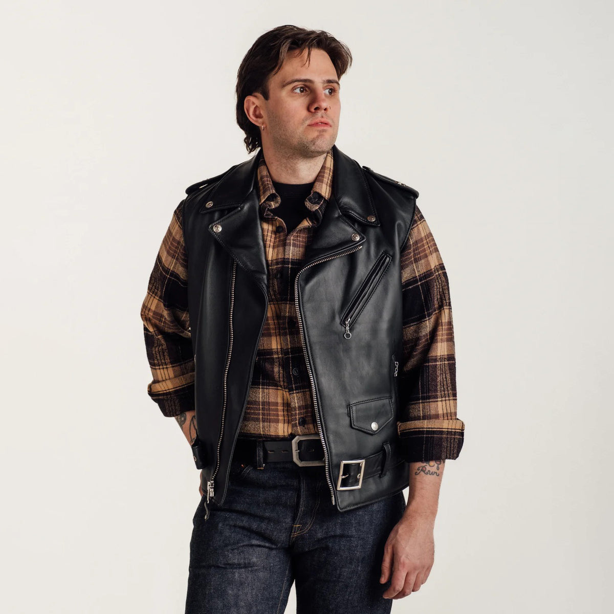 Men's Belted Asymmetrical Biker Leather Vest