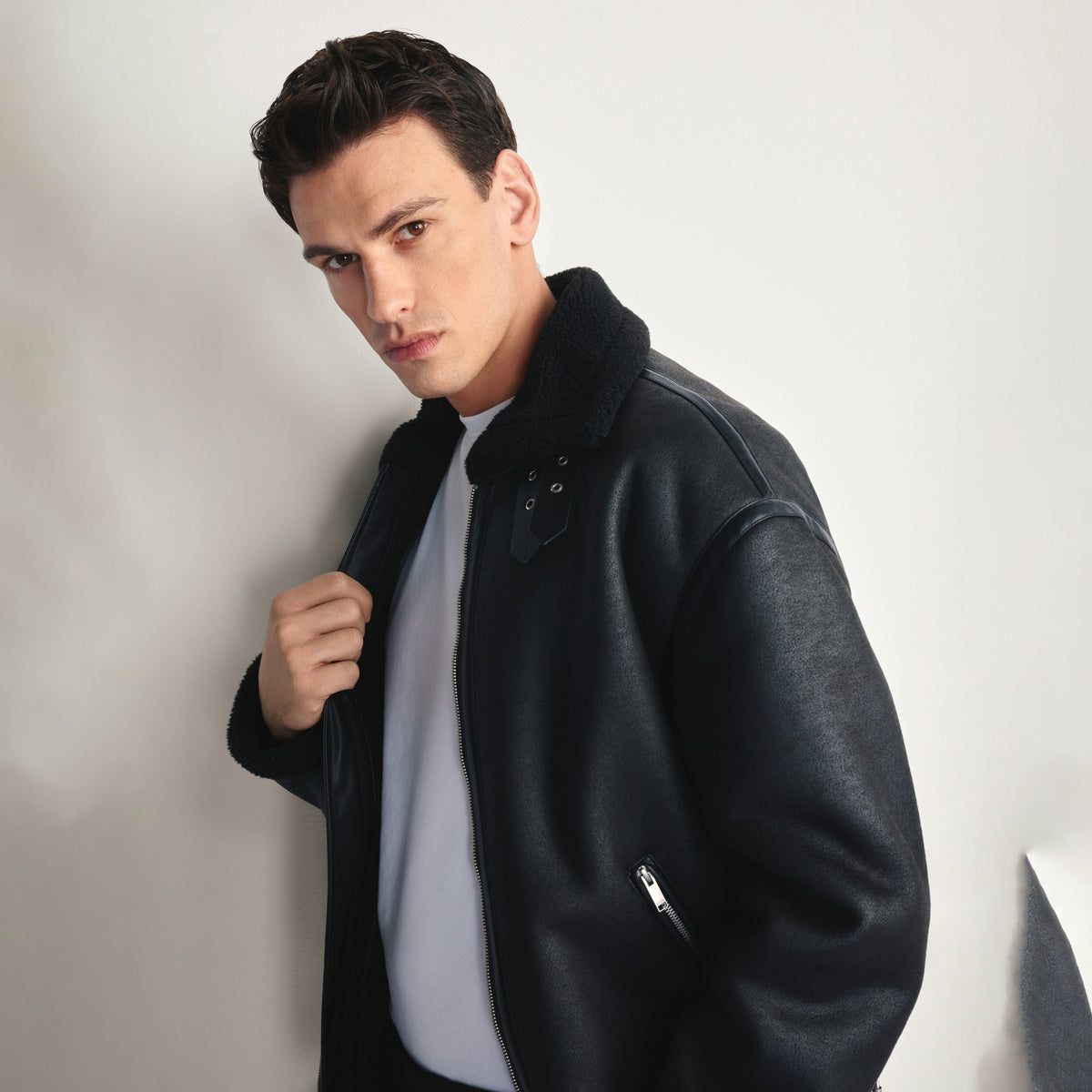 Men's Black B-3 Shearling Leather Bomber Jacket