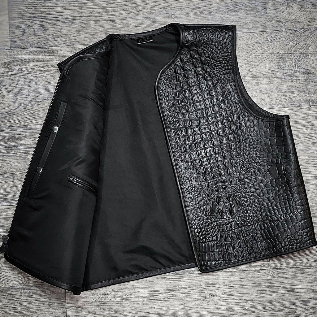 Men's Black Crocodile Embossed Leather Biker Vest